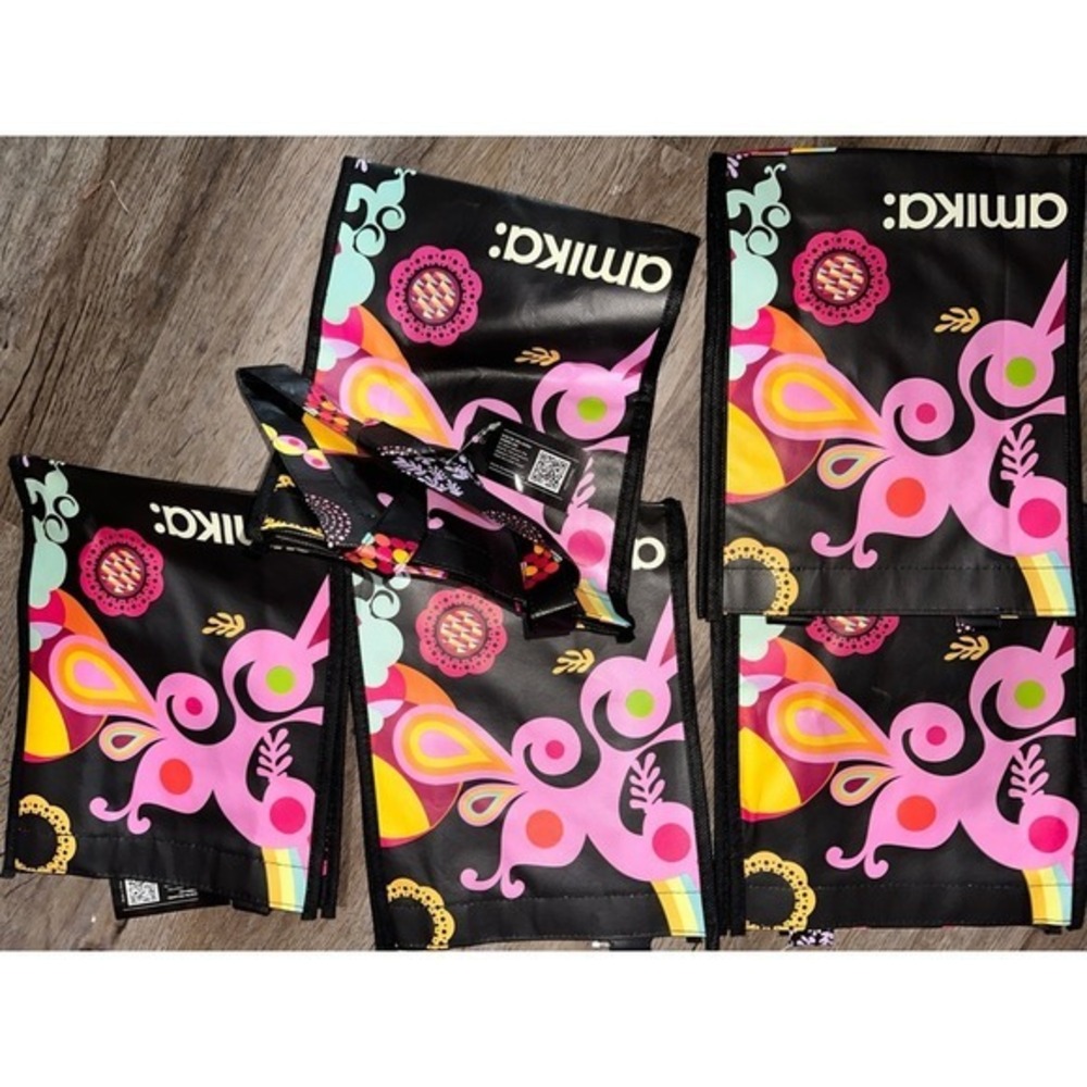 Amika Reusable Shopping Tote Bags Bundle 5 Pack Black‎ Floral Paisley Print hair